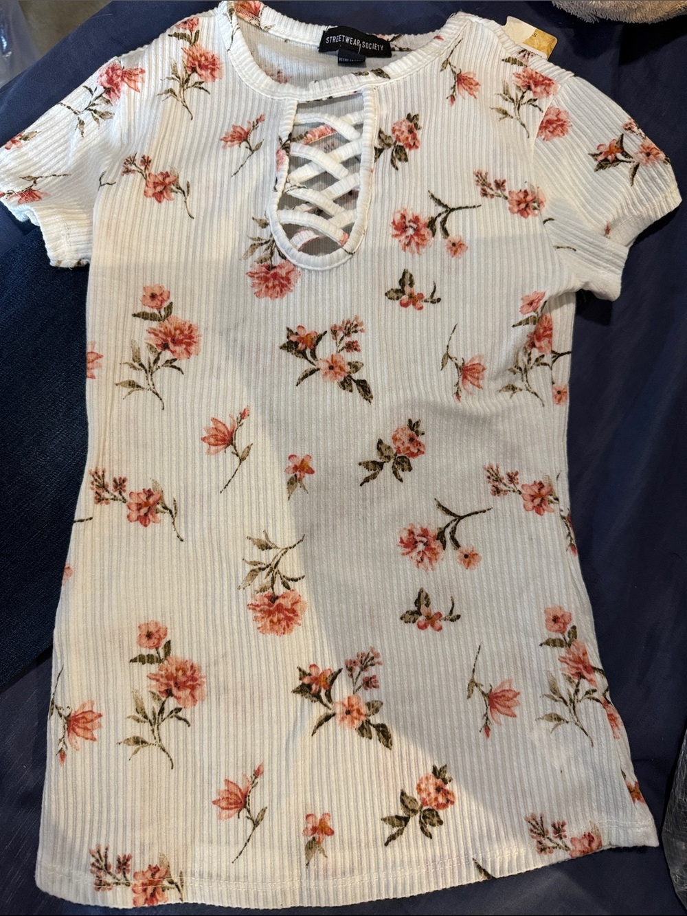 Streetwear Society White Ribbed Tee with Pink Floral Lace-Up